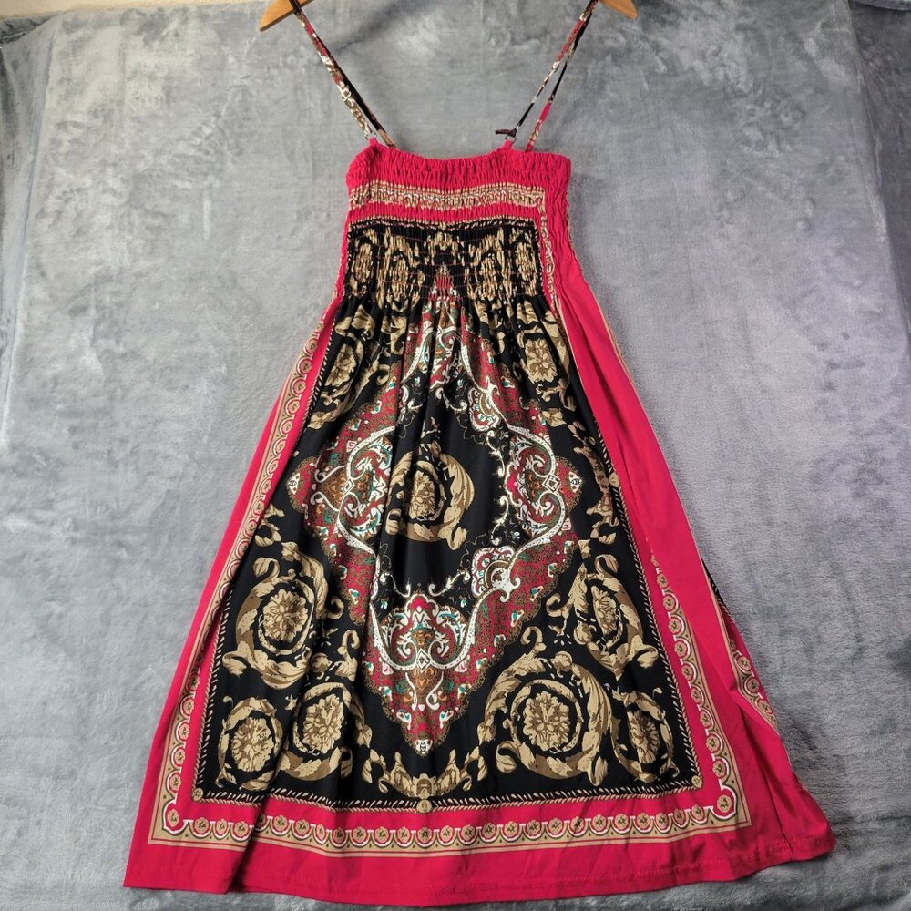 India Boutique Women’s Boho Midi Dress Black Pink Gold Paisley Smocked Strapless - Picture 8 of 11